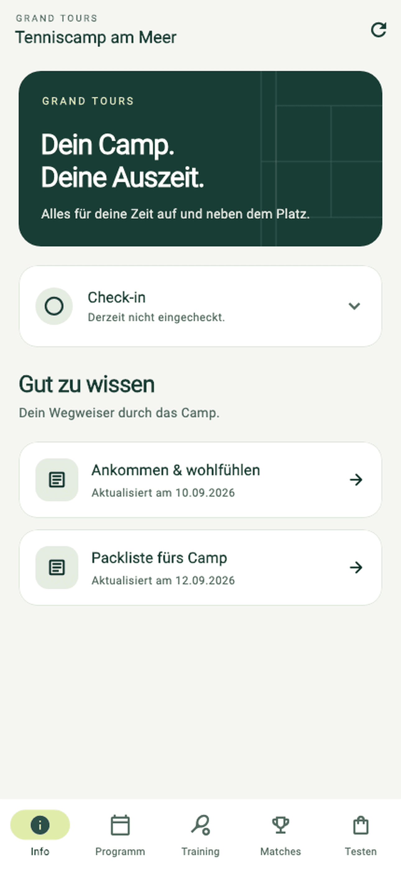 Camp-Informationen in der Grand Tours Tenniscamp App