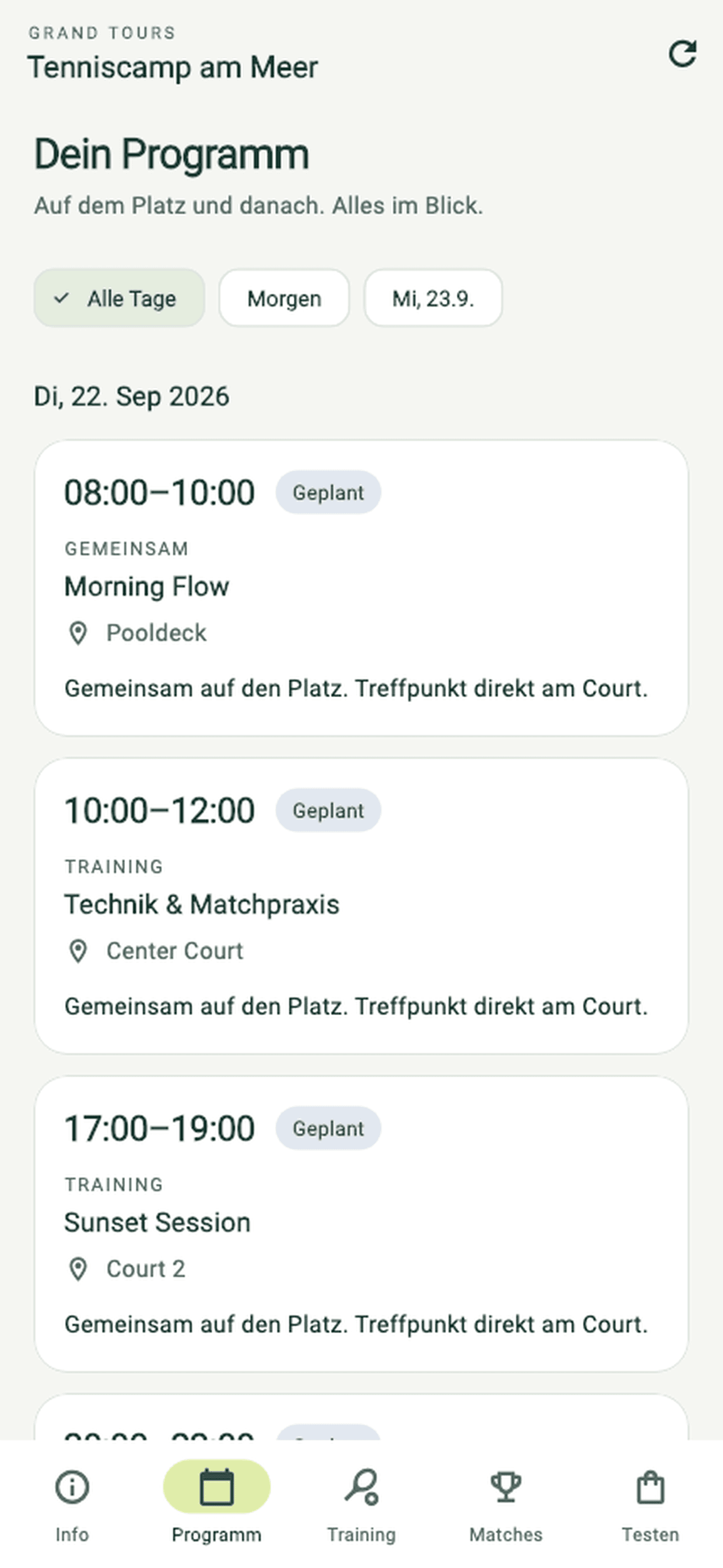 Tagesprogramm in der Grand Tours Tenniscamp App